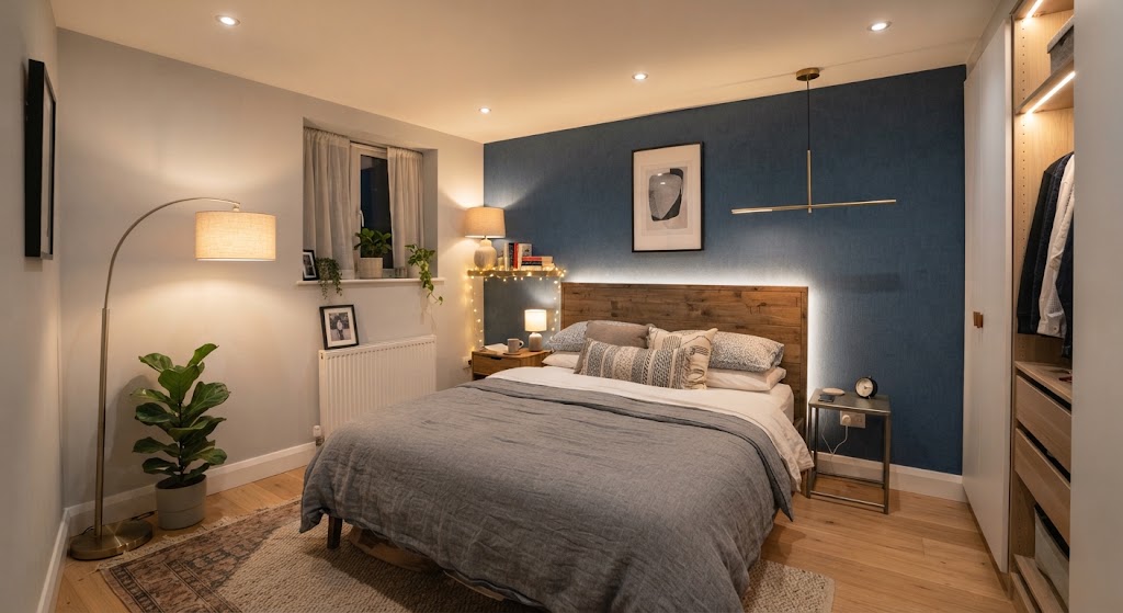 small bedroom with Ceiling lights and accent lighting