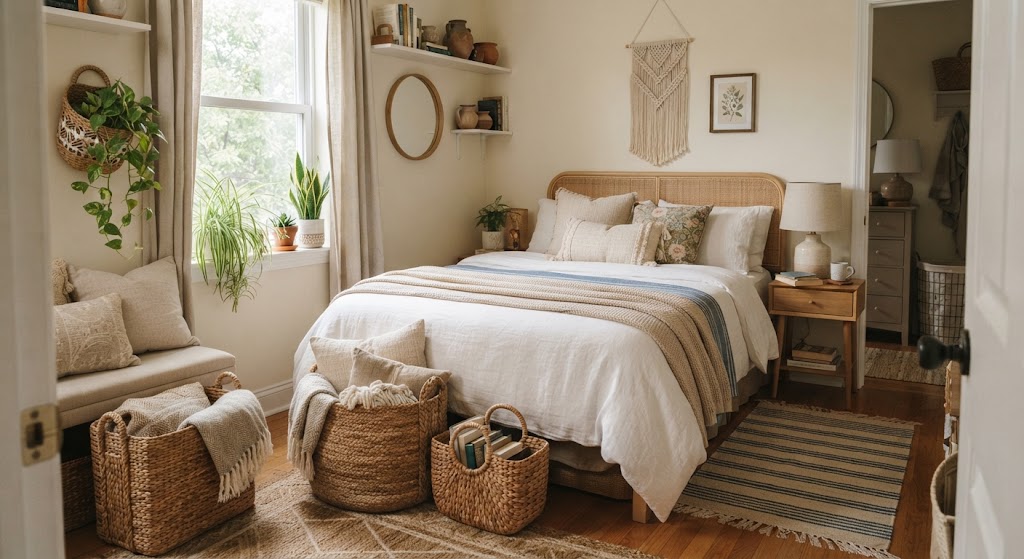 small bedroom with Decorative Baskets