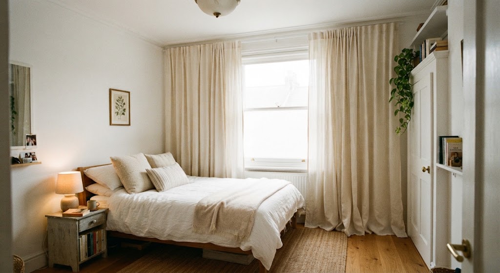 small bedroom with Hanging curtains closer to the ceiling