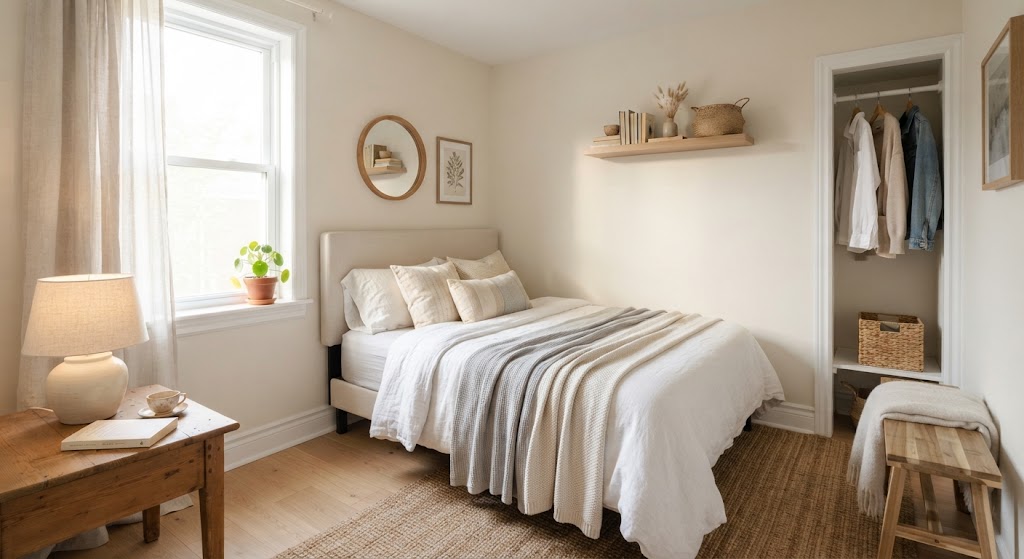 small bedroom with Light and Neutral Color Palettes