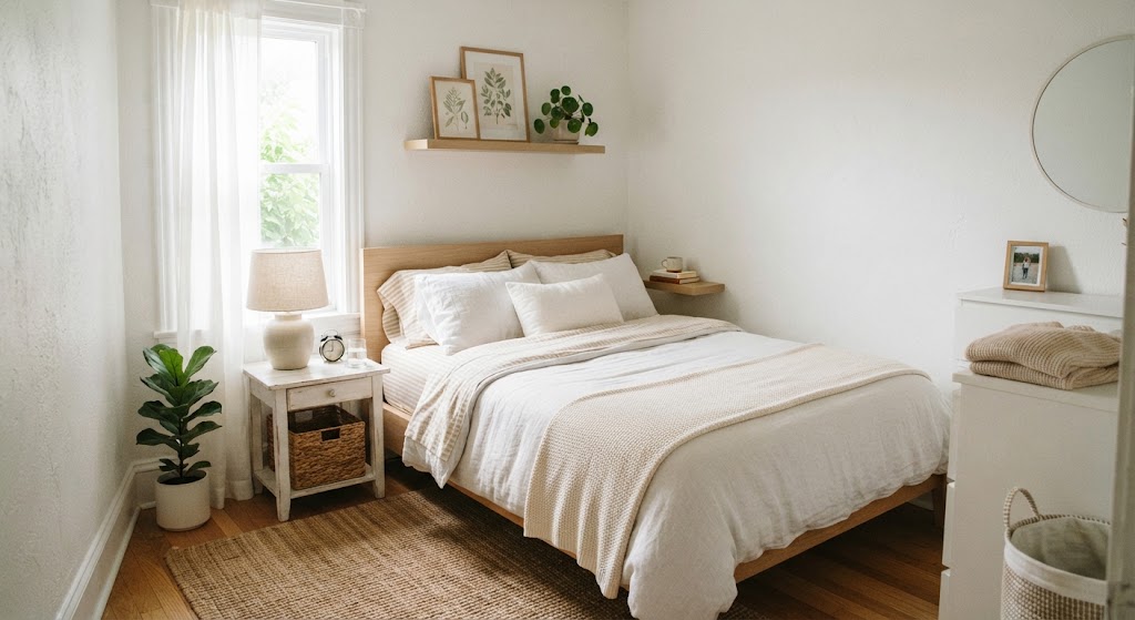 small bedroom with lighter bedding colors