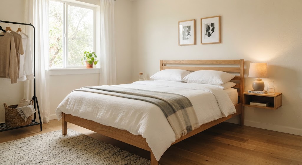 small bedroom with Minimal Queen Bed Frame