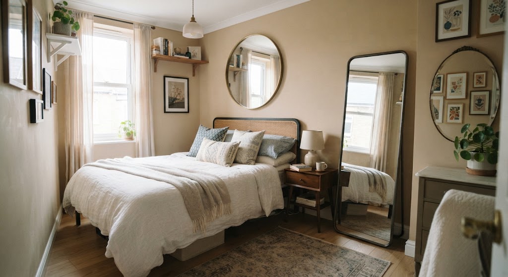 small bedroom with mirrors