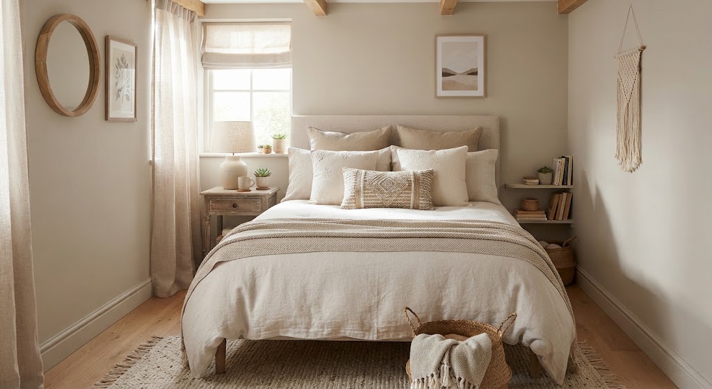 small bedroom with neutral tones Decorative pillows