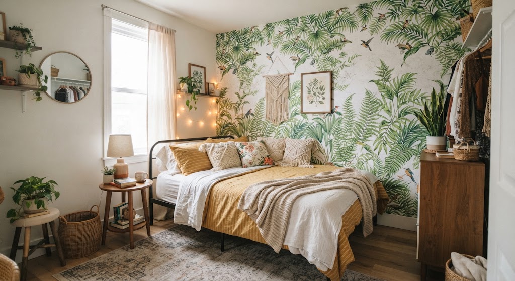 small bedroom with Peel-and-Stick Wallpaper