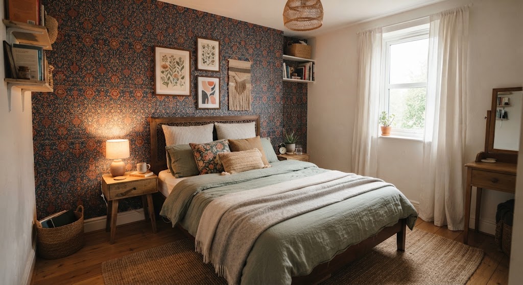 small bedroom with queen Bed Against a Feature Wall