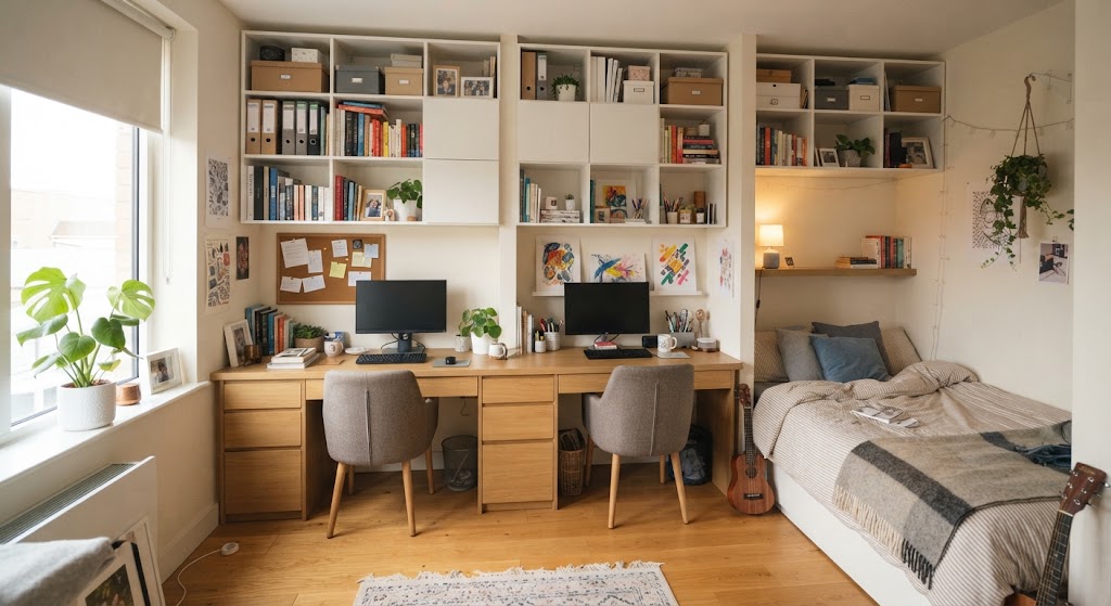 small bedroom with wall storage above desks or beds
