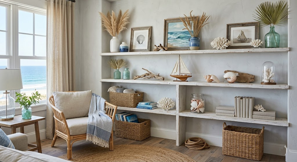 Coastal Living Room Shelves