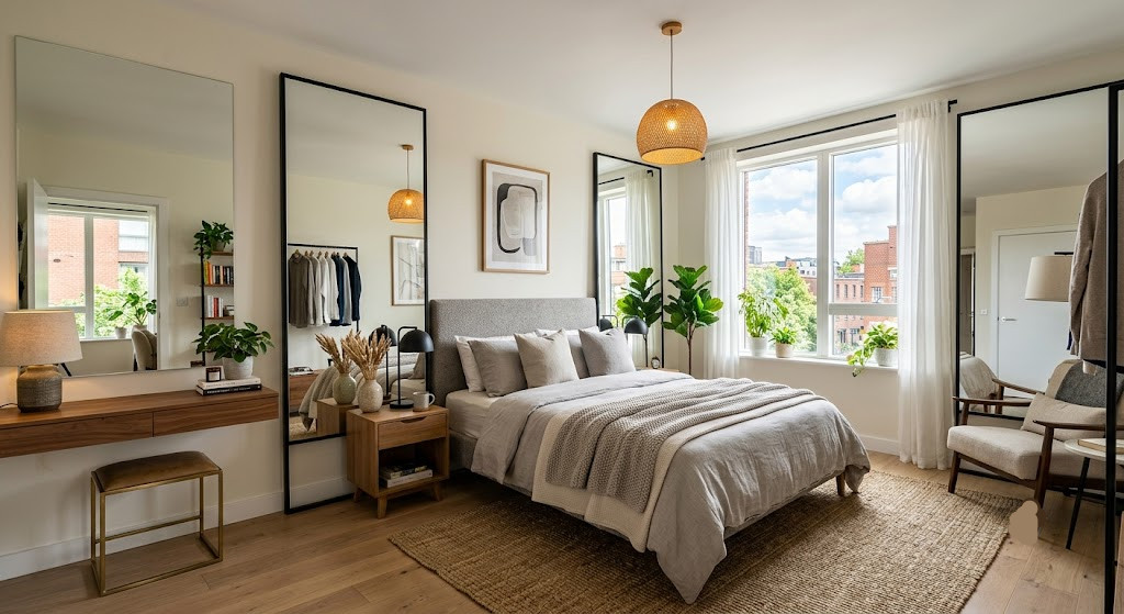 Apartment Bedroom with Large Mirrors