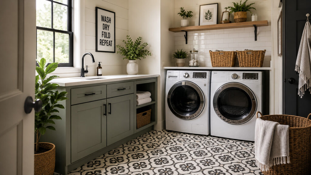 Laundry Room with Patterned Tile Floor