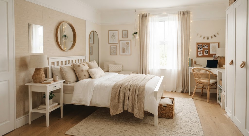 Beige and white Bedroom for teenage girl