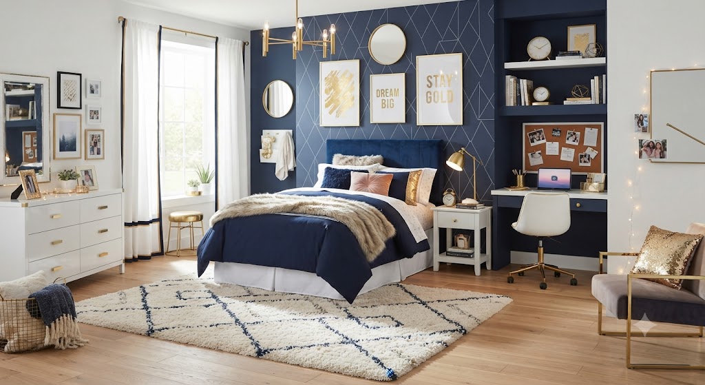 Navy and Gold Bedroom for teenage girl